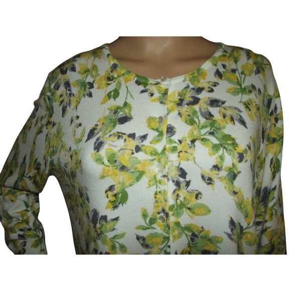 Emaline Cardigan Sweater Womens Large Button green yellow white floral gray - Picture 5 of 8